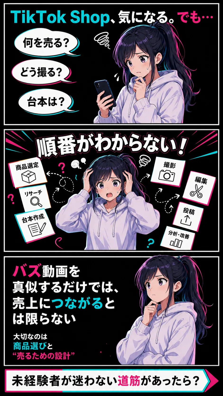 TikTok Shopを始めたいけれど商品選びや撮影、台本の順番が分からない悩み